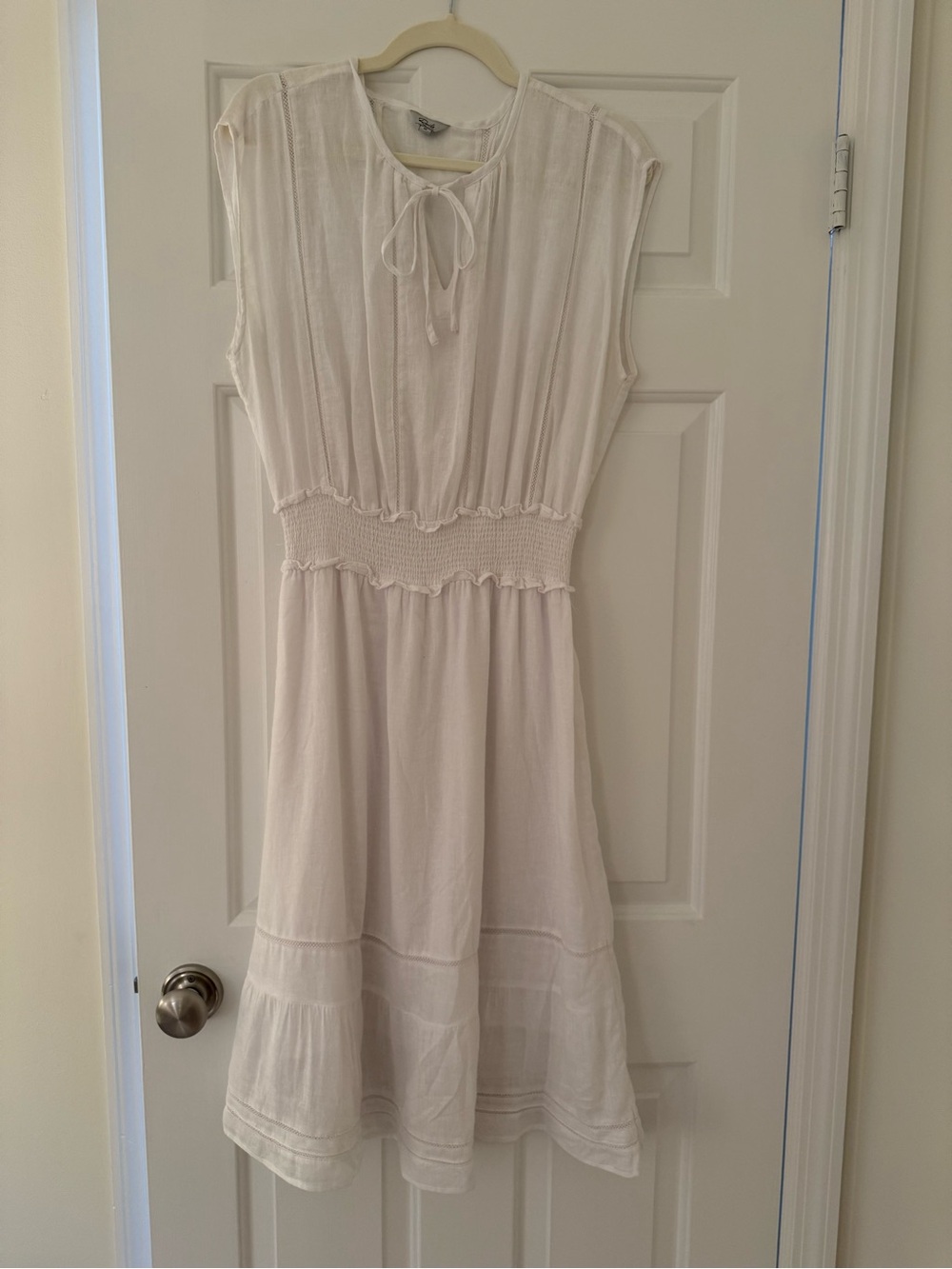 Rails Cream Tie-Neck Smocked Waist Midi Dress